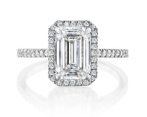 18K Solid Gold 2.3ct Emerald Cut Natural Diamond Halo Engagement Ring with Pave Band