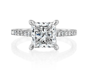 18K Solid Gold 2.5ct Princess Cut Natural Diamond Engagement Ring with Classic Pave