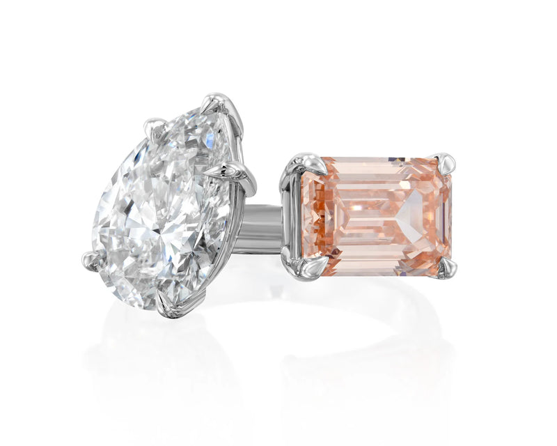 18K Solid Gold Toi Et Moi with Fancy Pink Natural Diamonds Engagement Ring - Close Up