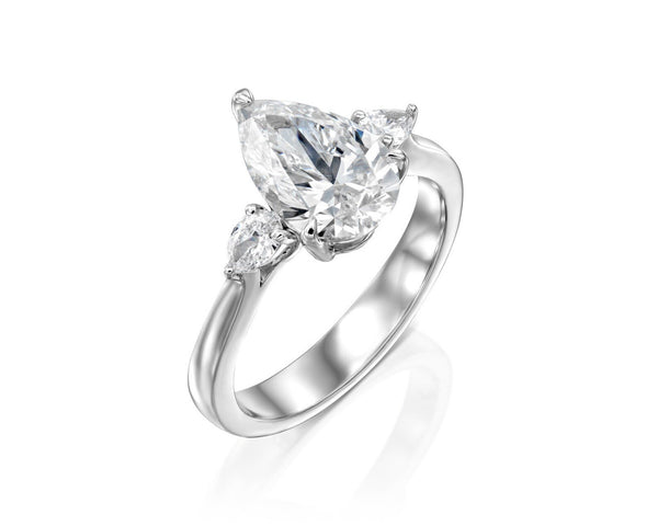 18K Solid Gold 2ct Pear Natural Diamond with Pear Side Stones Three Stone Engagement Ring