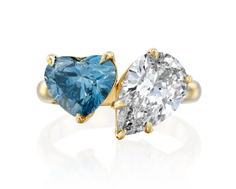 18K 1.81ct Fancy Yellow Pear & Heart Shaped Lab Grown Diamond Toi et Moi Engagement Ring