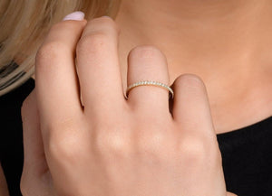 18K Solid Gold Skinny Thin Dainty Wedding Band With Paved Natural Diamonds