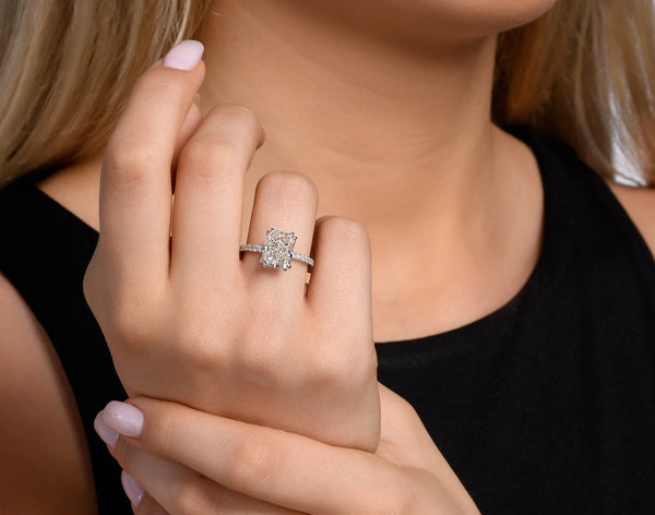 18K Solid Gold 3 Ct Emerald Cut Lab Grown Diamond Engagement Ring - Side View | Riyanika Jewels