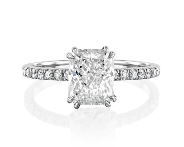 18K Solid Gold 2ct Radiant Cut Natural Diamond Engagement Ring with Split Prongs and Pave Band