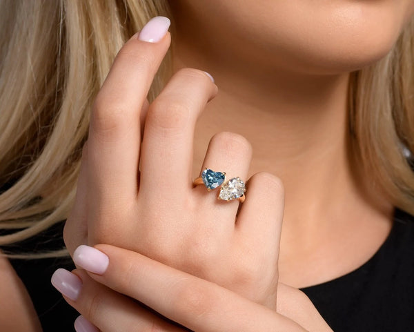 18K Solid Gold Fancy Blue Heart Shape Diamond With Pear Toi Et Moi Engagement Ring