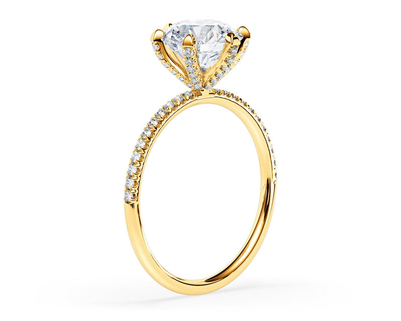 18K Solid Gold 1.50ct Round Brilliant Natural Diamond Set in a 6 Prong Classic Pave Engagement - Side View | Riyanika Jewels