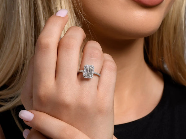 18K Solid Gold 2.3ct Emerald Cut Lab Grown Diamond Halo Engagement Ring with Pave Band - Side View | Riyanika Jewels