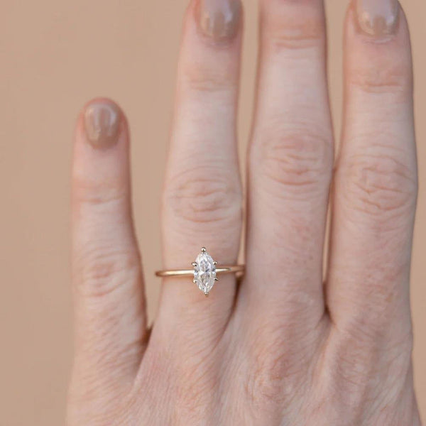 18K Solid Gold 1.00 CT Lab Grown Diamond Marquise Cut Prong Set Engagement Ring - Side View | Riyanika Jewels