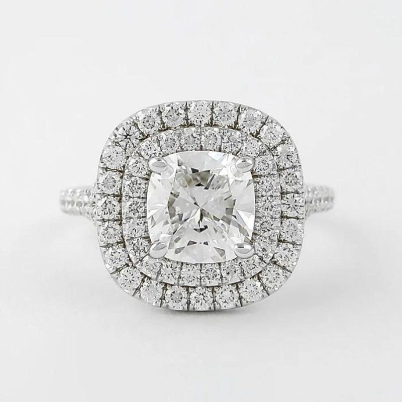 18K Solid Gold 3.50 CT Natural Diamond Cushion Cut Double Halo Engagement Ring