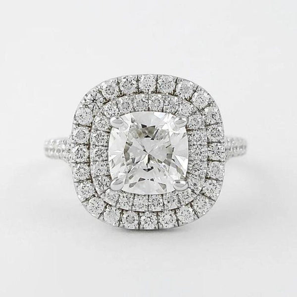 14K 3.5ct Lab Grown Diamond Cushion Cut Side Stone Engagement Ring