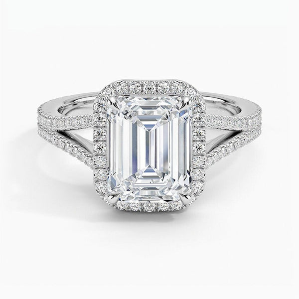 14K 4ct Lab Grown Diamond Emerald Cut Halo Engagement Ring