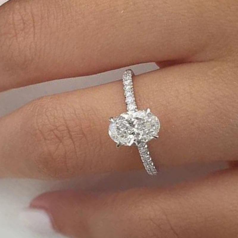 18K Solid Gold 2.95 CT Lab Grown Diamond Oval Cut Hidden Halo Engagement Ring - Side View