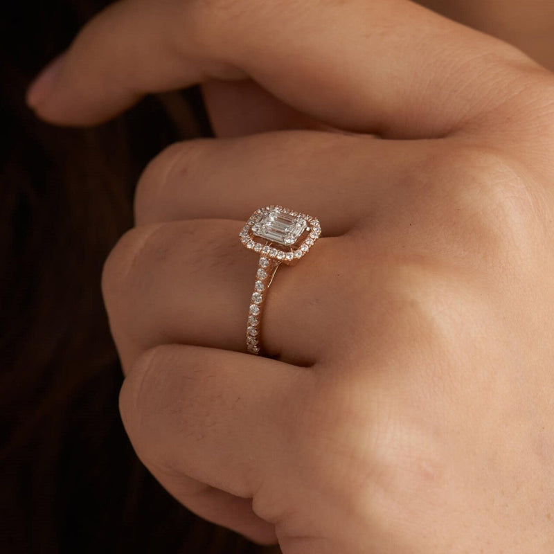 18K Solid Gold 1 CT Natural Diamond Emerald Cut Floating Halo Engagement Ring - Close Up