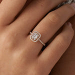 18K Solid Gold 1 CT Lab Grown Diamond Emerald Cut Floating Halo Engagement Ring - Detail