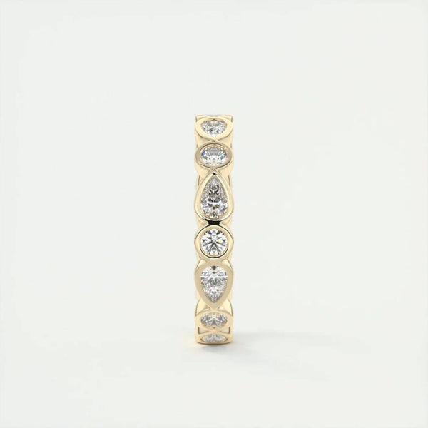 18K Solid Gold 1.70 CT Lab Grown Diamond Pear & Round Cut Bezel Set Full Eternity Band - Side View | Riyanika Jewels