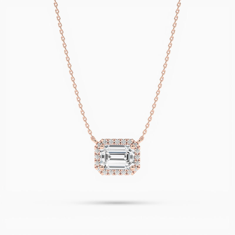 18K Solid Gold Lab Grown Diamond Emerald Cut Halo Necklace – Minimalist Gift for Women