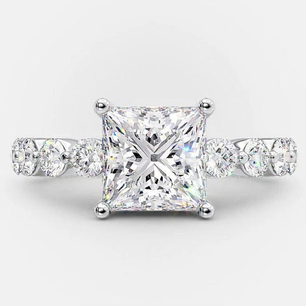 14K 3ct Natural Diamond Princess Cut Side Stone Engagement Ring