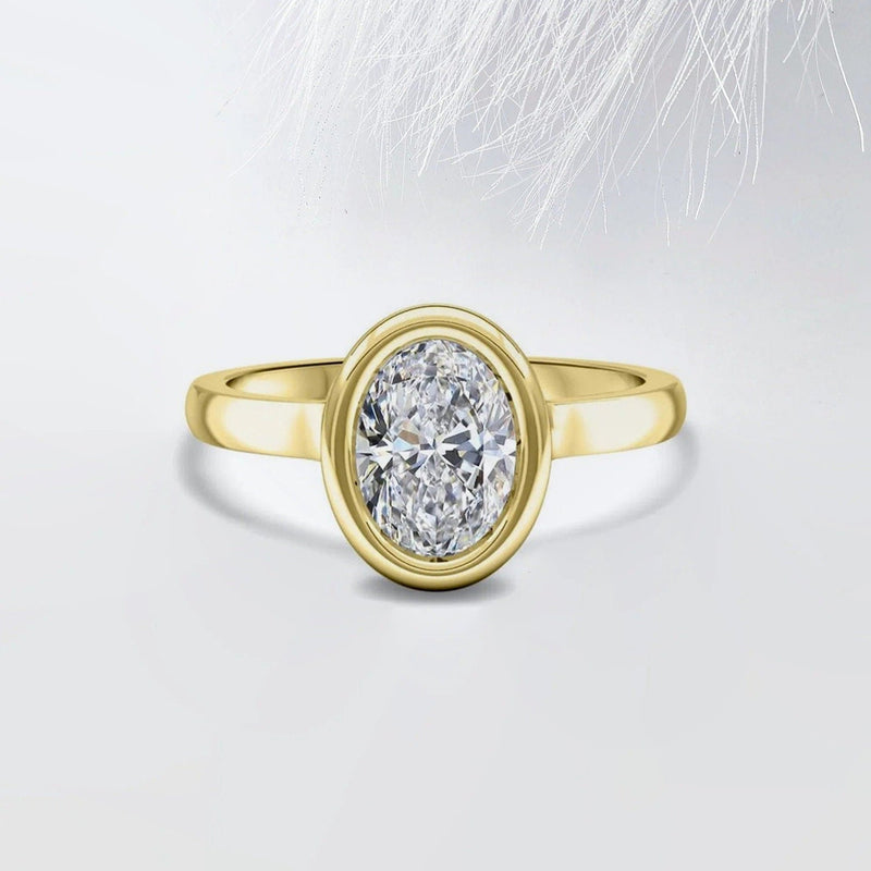 18K Solid Gold 2.50 CT Natural Diamond Oval Cut Bezel Set Engagement Ring - Side View