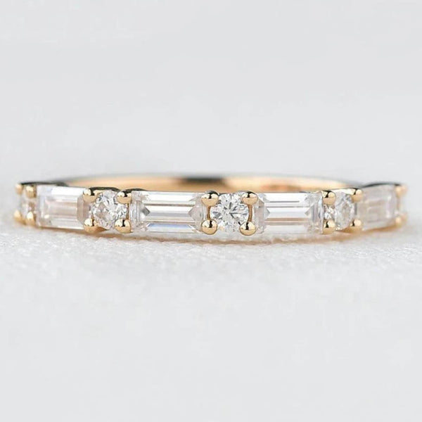 18K Solid Gold Natural Diamond Baguette & Round Cut Half Eternity Band