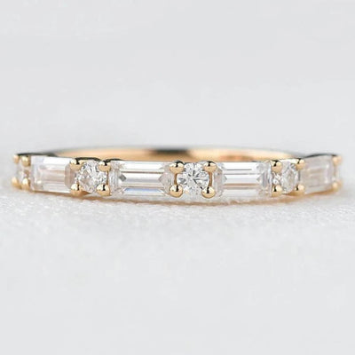 18K Solid Gold Natural Diamond Baguette & Round Cut Half Eternity Band