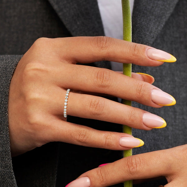 18K Solid Gold Natural Diamond Floating Eternity Band – Sparkling Single Prong Wedding Ring - Side View | Riyanika Jewels