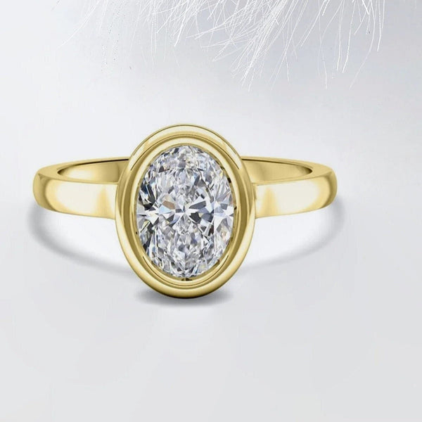 18K Solid Gold 2.50 CT Natural Diamond Oval Cut Bezel Set Engagement Ring