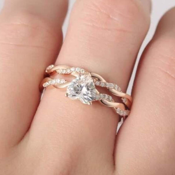 18K Solid Gold 3 CT Natural Diamond Heart Cut Twisted Shank Bridal Ring Set - Side View