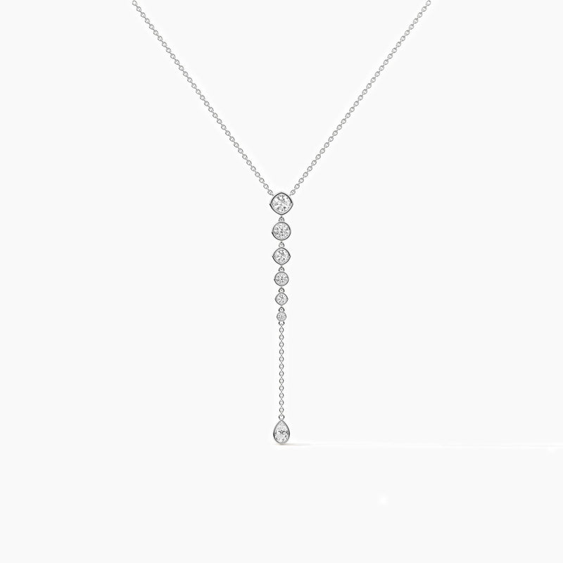 18K Solid Gold Lab Grown Diamond Cushion & Round Lariat Necklace - Detail | Riyanika Jewels