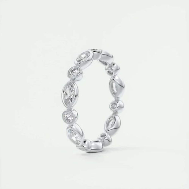 18K Solid Gold Lab Grown Diamond Marquise & Round Cut Bezel Set Eternity Band - Close Up