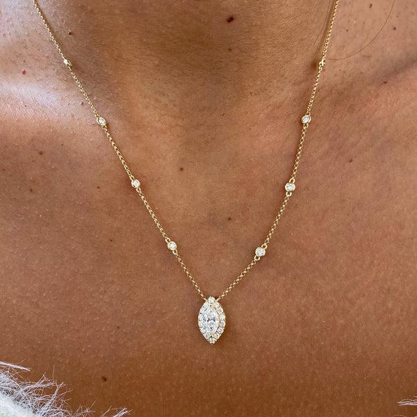 18K Solid Gold Marquise Lab Grown Diamond Round  Cluster Pendant Necklace - Side View | Riyanika Jewels
