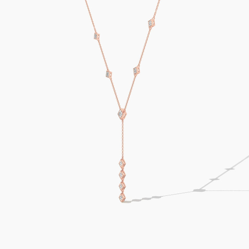 18k Solid Gold Natural Diamond Princess Cut Lariat Station Necklace | Statement Necklace - Detail