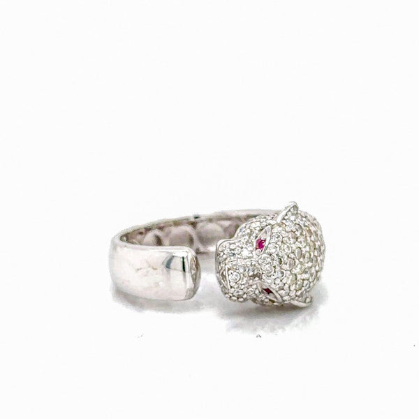 18K Solid Gold 1.50 CTW Natural Diamond Panther Head Ring – Ruby Eyes with Adjustable Open - Side View | Riyanika Jewels