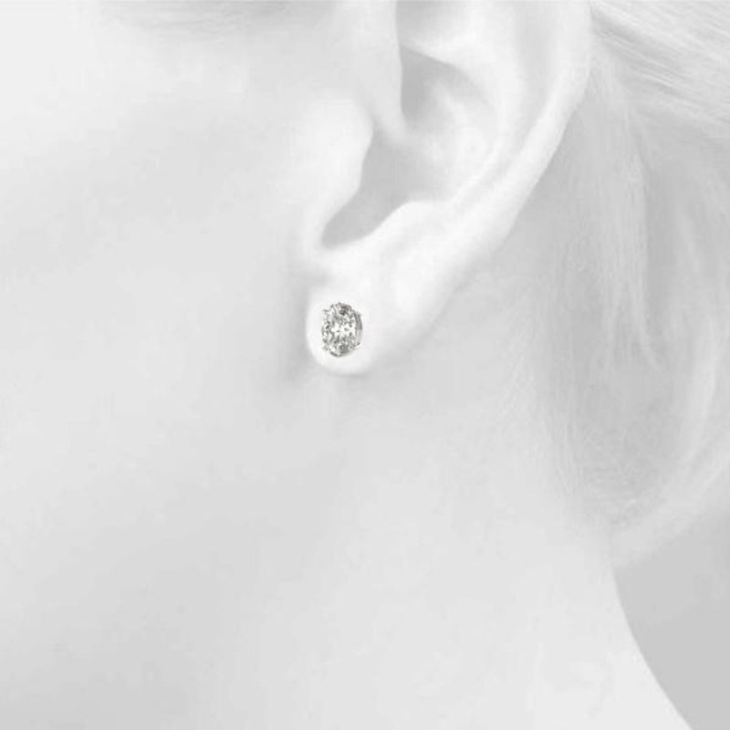 18K Solid Gold 1.00 CTW Natural Diamond Oval Cut Stud Earrings - Close Up | Riyanika Jewels