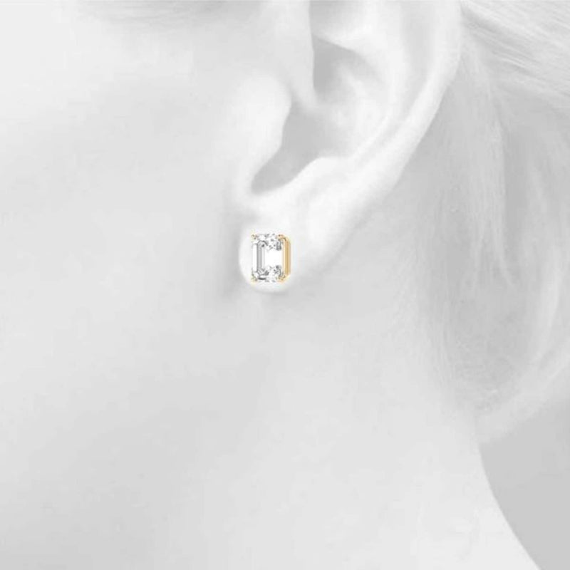 18K Solid Gold 1.00 CTW Natural Diamond Emerald Cut Stud Earrings - Detail | Riyanika Jewels