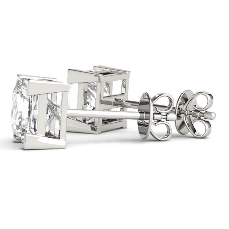 18K Solid Gold Princess-Cut Lab Grown Diamond Stud Earrings - Side View | Riyanika Jewels