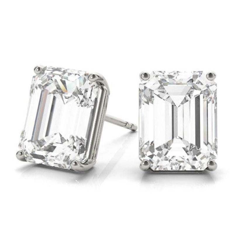 18K Solid Gold 1.00 CTW Natural Diamond Emerald Cut Stud Earrings - Close Up | Riyanika Jewels