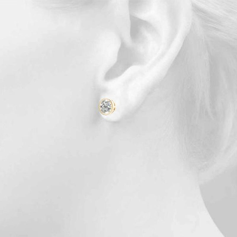 18K Solid Gold Natural Diamond Bezel Set Round Stud Earrings