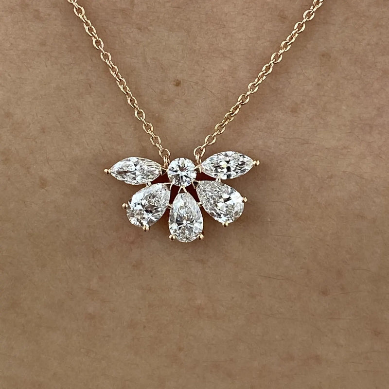 18K Solid Gold Round Marquise And Pear Lab Grown Diamond Cluster Pendant Necklace - View 6