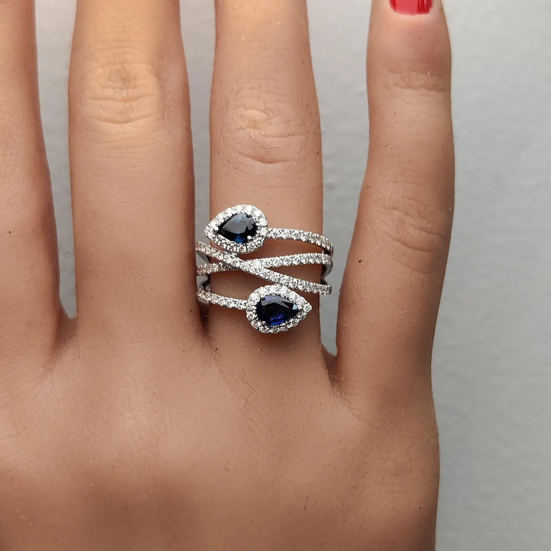 18K Solid Gold Blue Pear Sapphire & Lab Grown Diamond 1.15 Carat Cocktail Ring - Alternate Angle