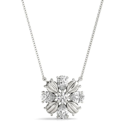 18K Solid Gold Floral Bloom Natural Diamond Cluster Pendant Necklace
