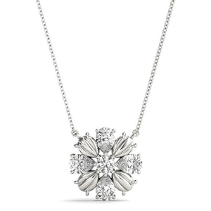 18K Solid Gold Floral Bloom Natural Diamond Cluster Pendant Necklace