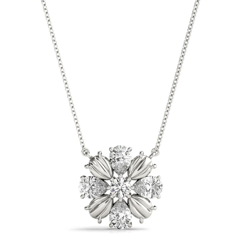 18K Solid Gold Floral Bloom Natural Diamond Cluster Pendant Necklace