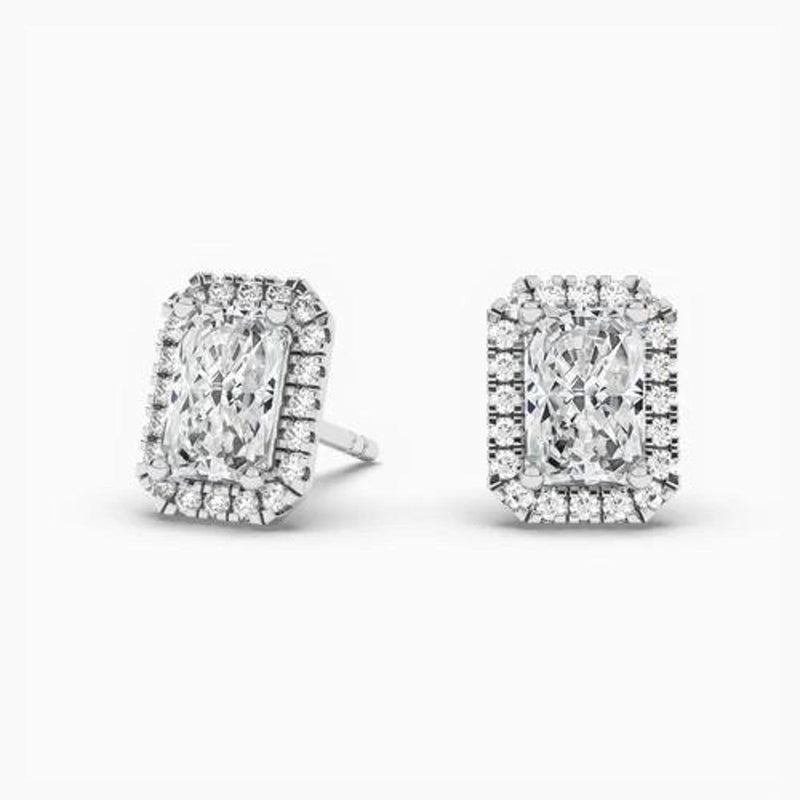 14K Natural Diamond Radiant Cut Halo Stud Earrings