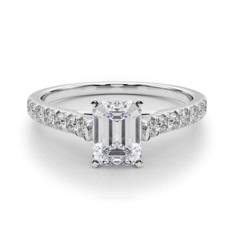 18K Solid Gold 1.33CT Emerald-Cut Natural Diamond Cathedral Engagement Ring