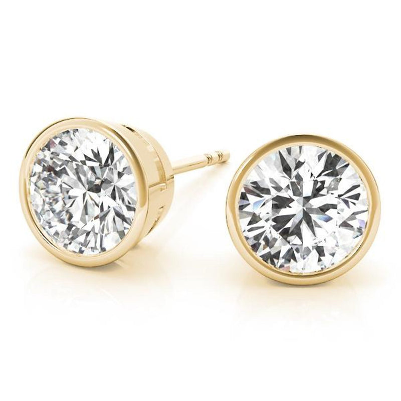 18K Solid Gold Lab Grown Diamond Bezel Set Round Stud Earrings - Detail | Riyanika Jewels