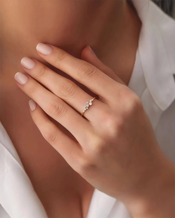 18K Solid Gold Diamond Cluster Ring | Stackable Wedding Band - Side View | Riyanika Jewels