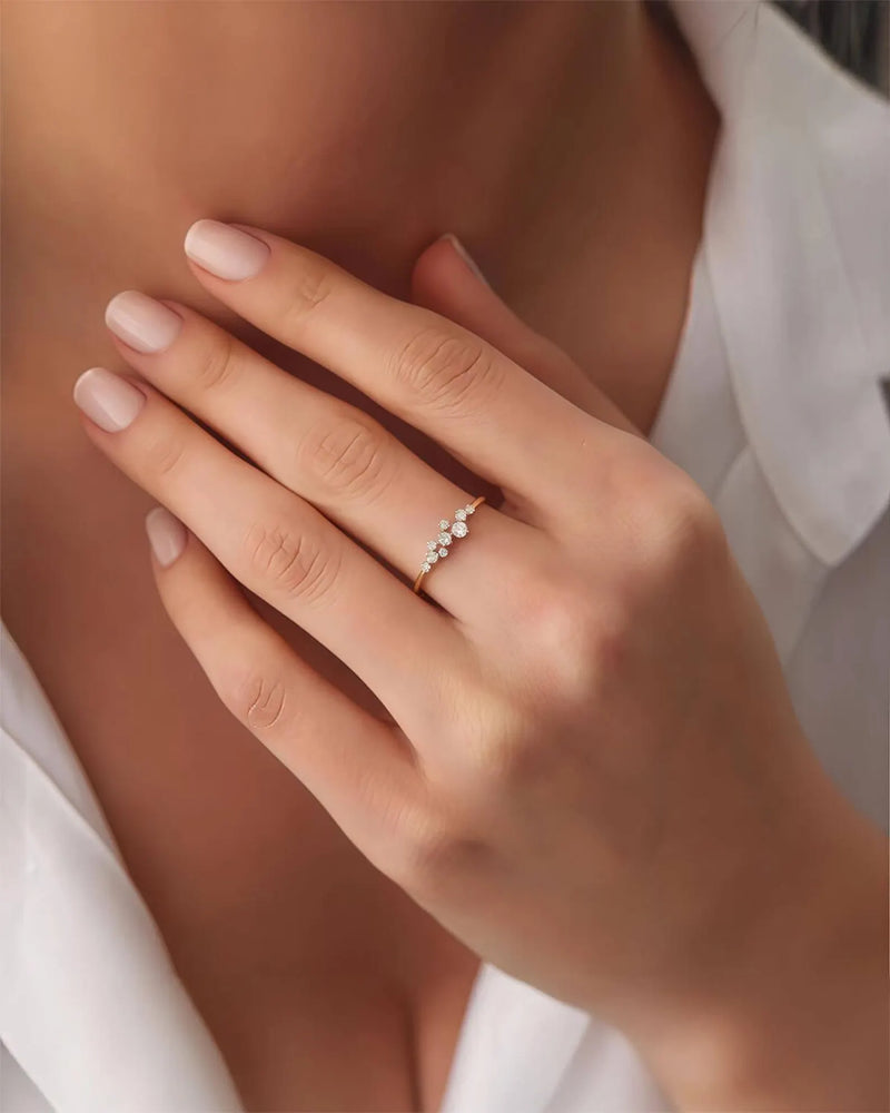 18K Solid Gold Diamond Cluster Ring | Stackable Wedding Band - Side View | Riyanika Jewels