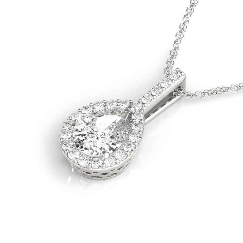 14K 1ct Natural Diamond Pear Cut Halo Pendant Necklace