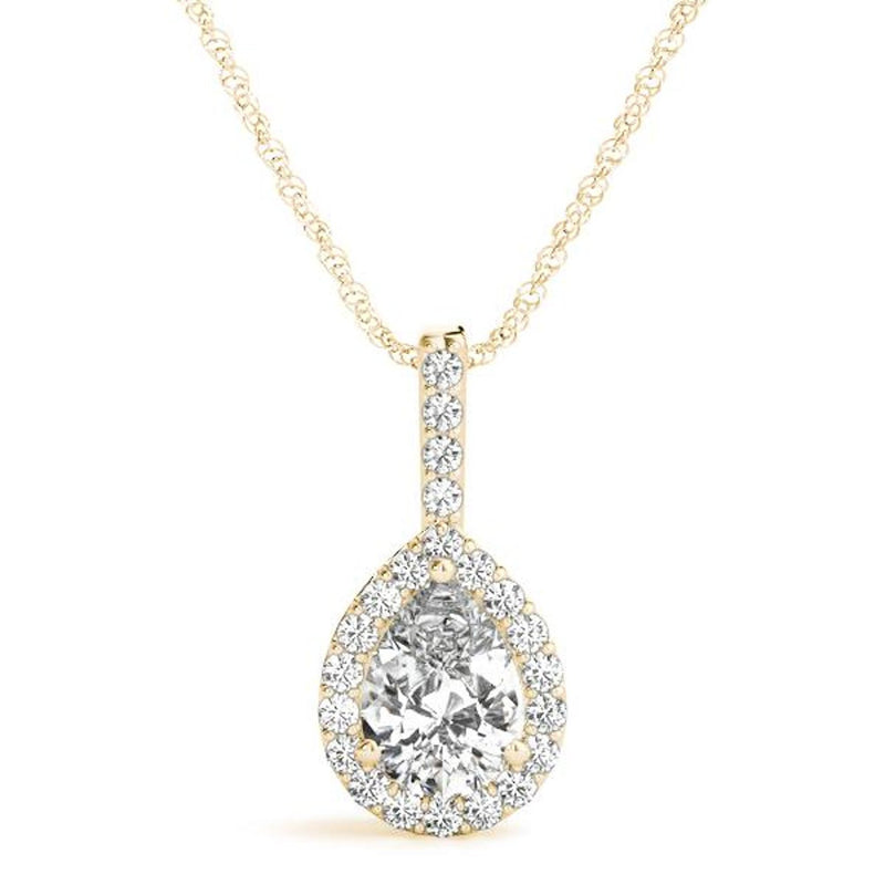 18K Solid Gold 1.00 CTW Natural Diamond Pear-Shaped Halo Pendant Necklace