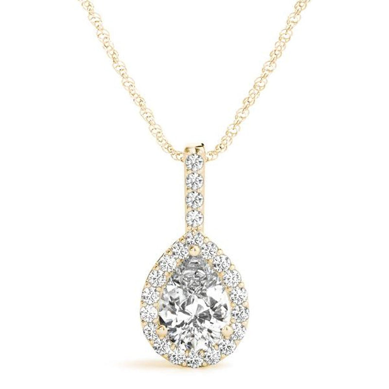 14K 1ct Natural Diamond Pear Cut Halo Pendant Necklace